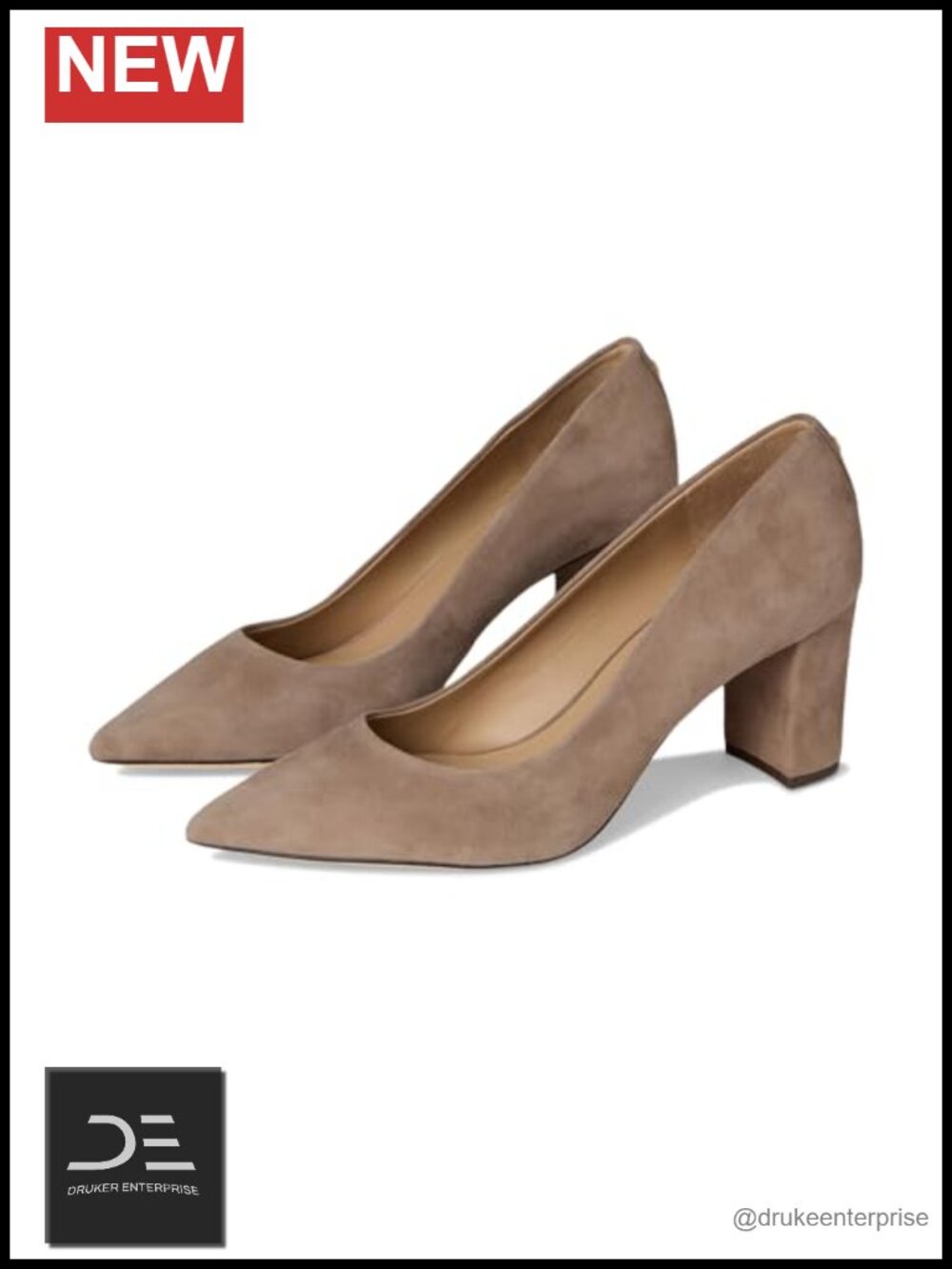 Suede Block Heel Pumps Pointed Toe Slip-On Leather